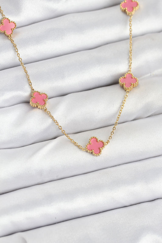 316L Çelik Zincir Gold Renk Pembe Baby Boy Yonca Kadın Kolye - BKO10572