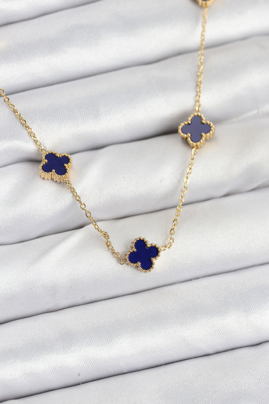 BKO10573 - 316L Çelik Zincir Gold Renk Lacivert Baby Boy Yonca Kadın Kolye