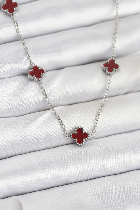 BKO10577 - 316L Çelik Zincir Gümüş Renk Bordo Baby Boy Yonca Kadın Kolye