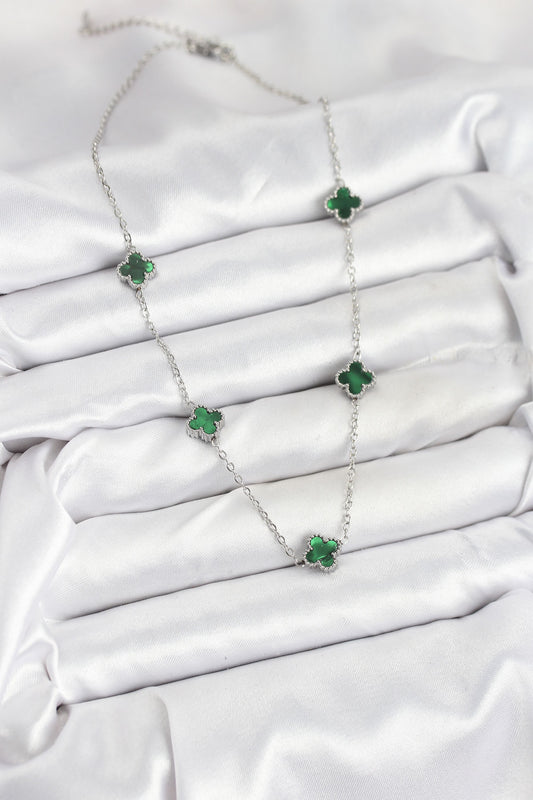 BKO10578 - 316L Çelik Zincir Gümüş Renk Yeşil Baby Boy Yonca Kadın Kolye