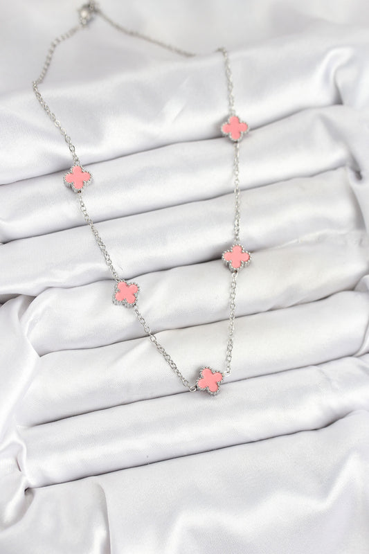 BKO10579 - 316L Çelik Zincir Gümüş Renk Pembe Baby Boy Yonca Kadın Kolye