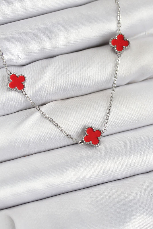 BKO10581 - 316L Çelik Zincir Gümüş Renk Kırmızı Baby Boy Yonca Kadın Kolye