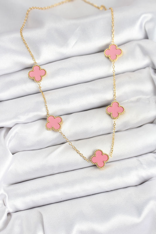 316L Çelik Zincir Gold Pembe Renk Yonca Kadın Kolye - BKO10583