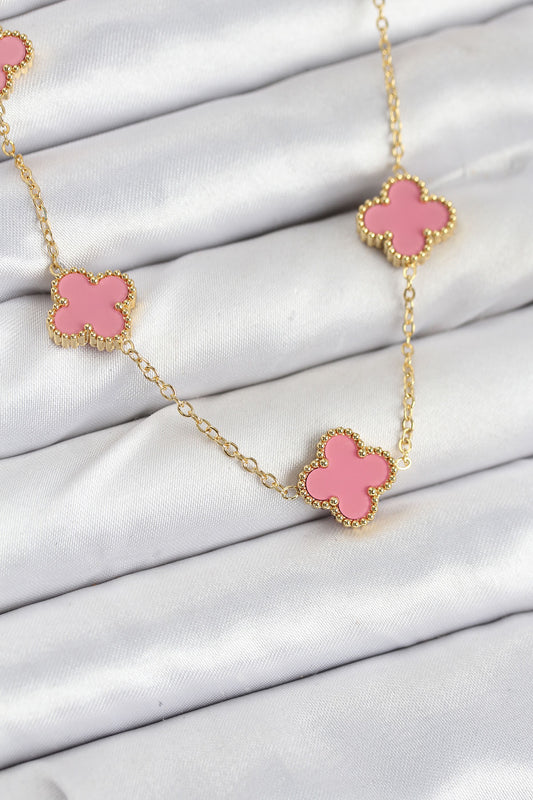 BKO10583 - 316L Çelik Zincir Gold Pembe Renk Yonca Kadın Kolye