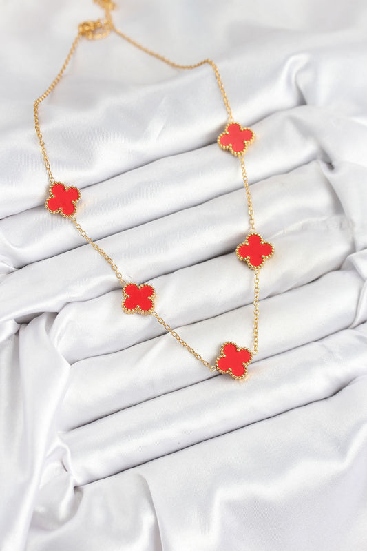 BKO10585 - 316L Çelik Zincir Gold Kırmızı Renk Yonca Kadın Kolye