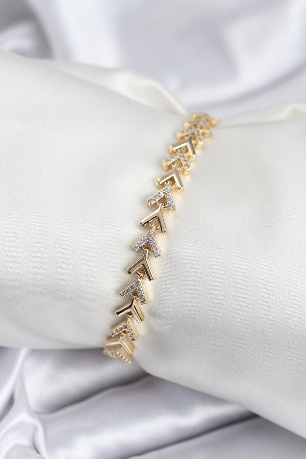 BB7921 - Pirinç VIP Seri Gold Zirkon Taşlı Balık Sırtı Model Kadın Bileklik