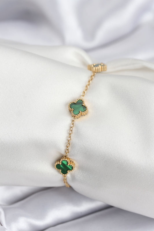 316L Çelik Gold Renk Yeşil Baby Boy Yonca Kadın Bileklik - BB7944