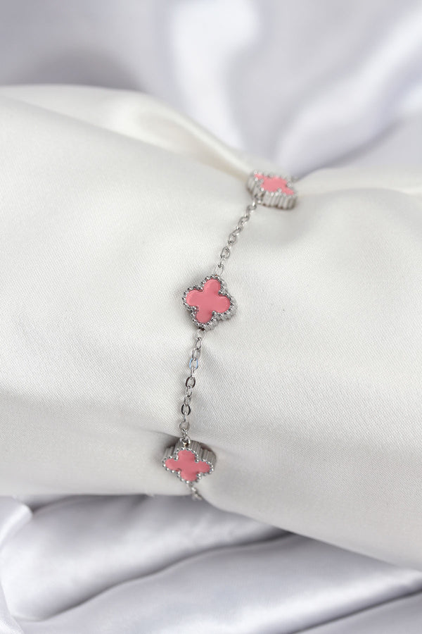 BB7947 - 316L Çelik Gümüş Renk Pembe Baby Boy Yonca Kadın Bileklik