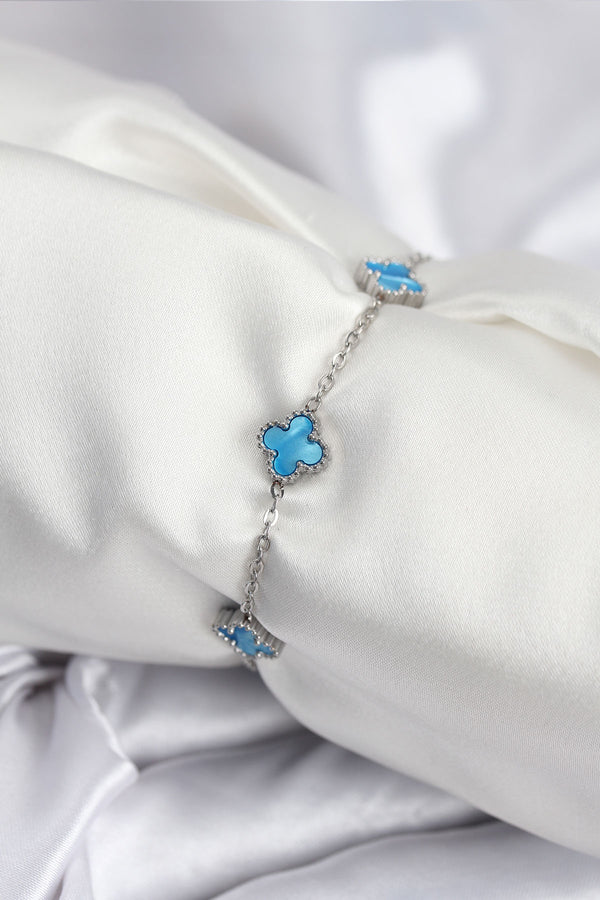 BB7949 - 316L Çelik Gümüş Renk Buz Mavisi Baby Boy Yonca Kadın Bileklik