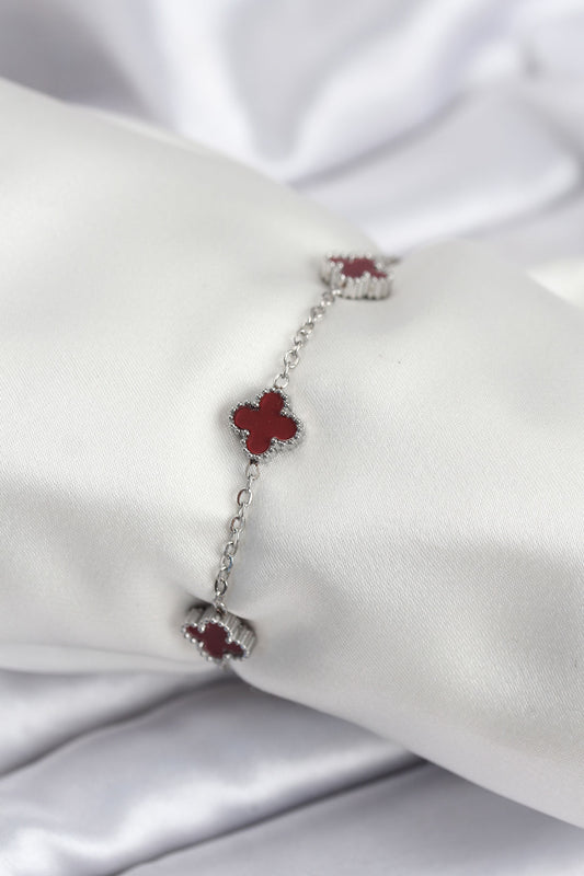 BB7951 - 316L Çelik Gümüş Renk Bordo Baby Boy Yonca Kadın Bileklik