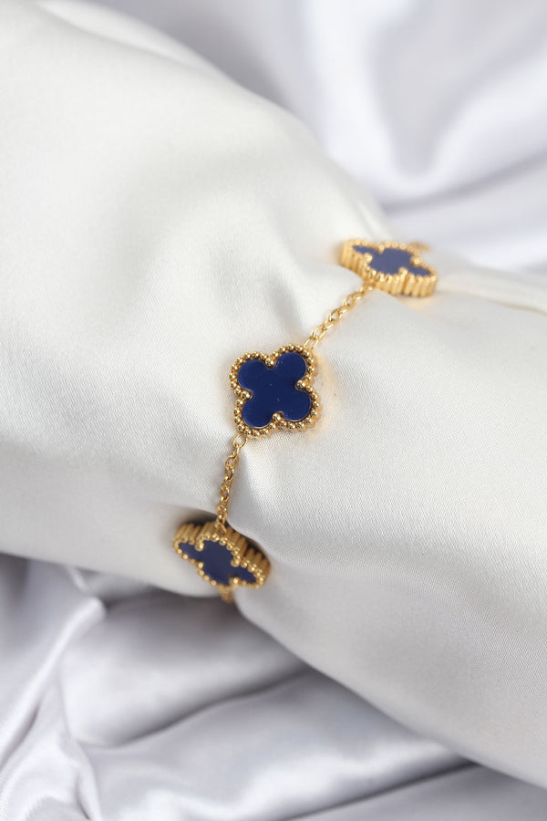 BB7957 - 316L Çelik Zincir Gold Renk Lacivert Yonca Kadın Bileklik