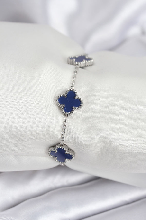 BB7958 - 316L Çelik Zincir Gümüş Renk Lacivert Yonca Kadın Bileklik