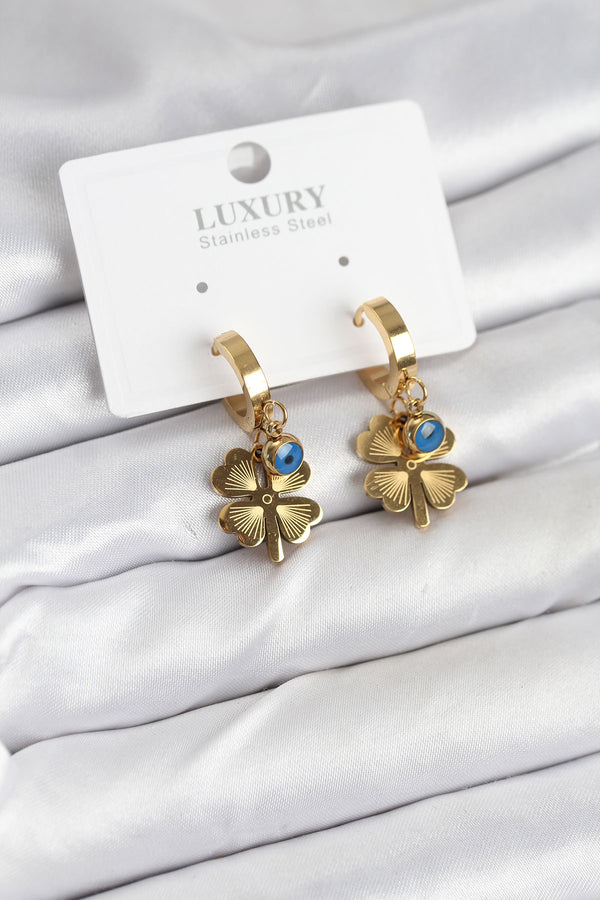 BKP11230 - 316L Çelik Nazarlı Yonca Model Kadın Küpe