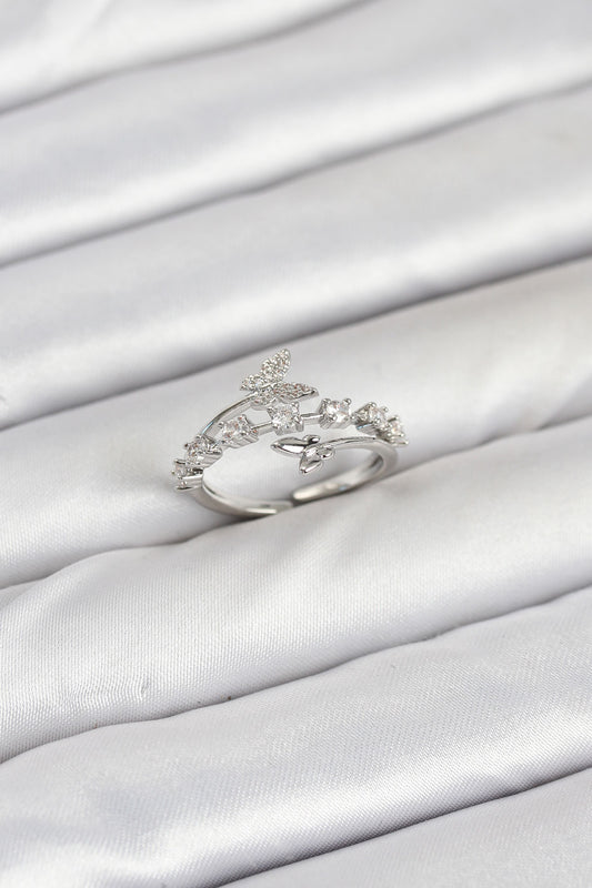 BYK3851 - Pirinç Gümüş Renk Zirkon Taşlı Kelebek Model Kadın Yüzük