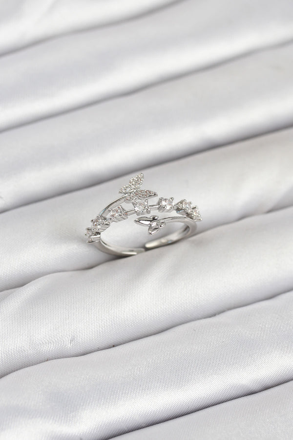 BYK3851 - Pirinç Gümüş Renk Zirkon Taşlı Kelebek Model Kadın Yüzük