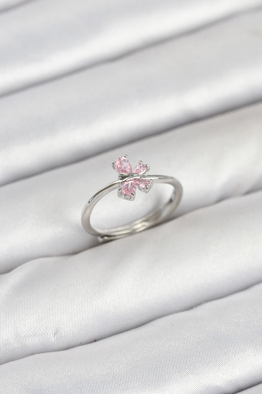 BYK3871 - Pirinç Gümüş Renk Pembe Kelebek Kadın Yüzük