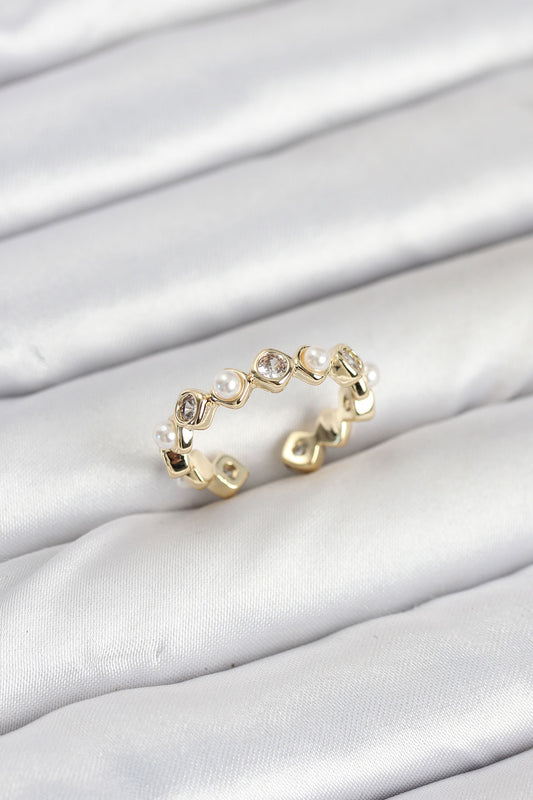 BYK3876 - Pirinç Gold Renk Zirkon Taşlı İncili Kadın Yüzük