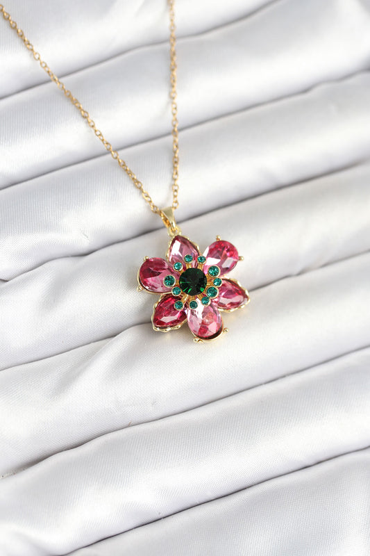 BKO10597 - 316L Çelik Zincirli Pembe Çiçek Model Kadın Kolye
