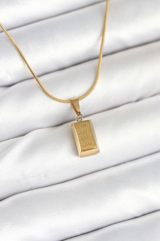 316L Çelik Gold Renk Mini Külçe Altın Model Kolye - BKO10603