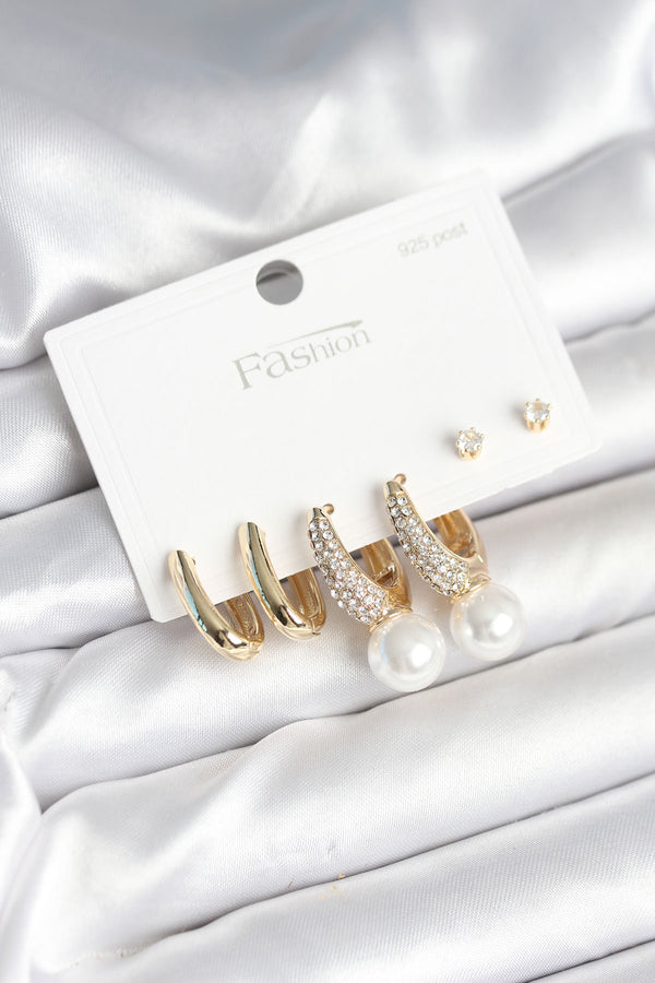 BKP11252 - Pirinç Gold Renk Zirkon Taşlı İnci Detaylı 925 Ayar Gümüş Çivili Kadın Küpe Seti