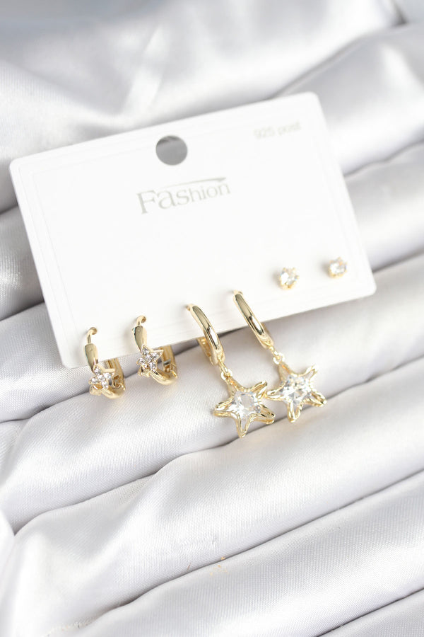 BKP11256 - Pirinç Gold Renk Yıldız Model 925 Gümüş Çivili Kadın Küpe Seti