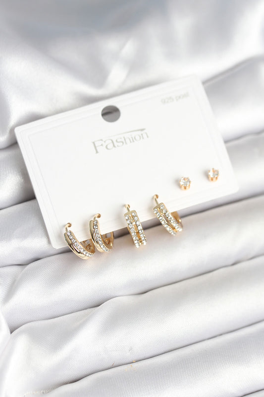 BKP11257 - Pirinç Gold Renk Zirkon Taşlı 925 Gümüş Çivili Kadın Küpe Seti