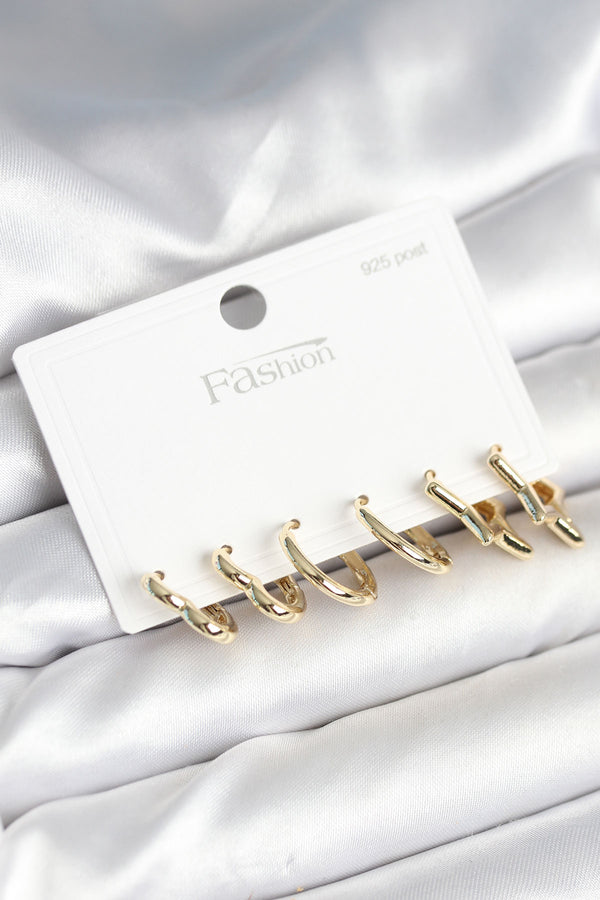 BKP11262 - Pirinç Gold Renk Kalp Yıldız ve Halka Model 925 Ayar Gümüş Çivili Kadın Küpe Seti