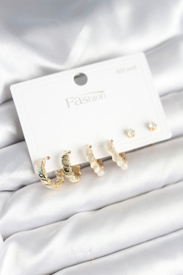 BKP11272 - Gold Renk Pirinç Halka 925 Ayar Gümüş Çivili Kadın Küpe Seti