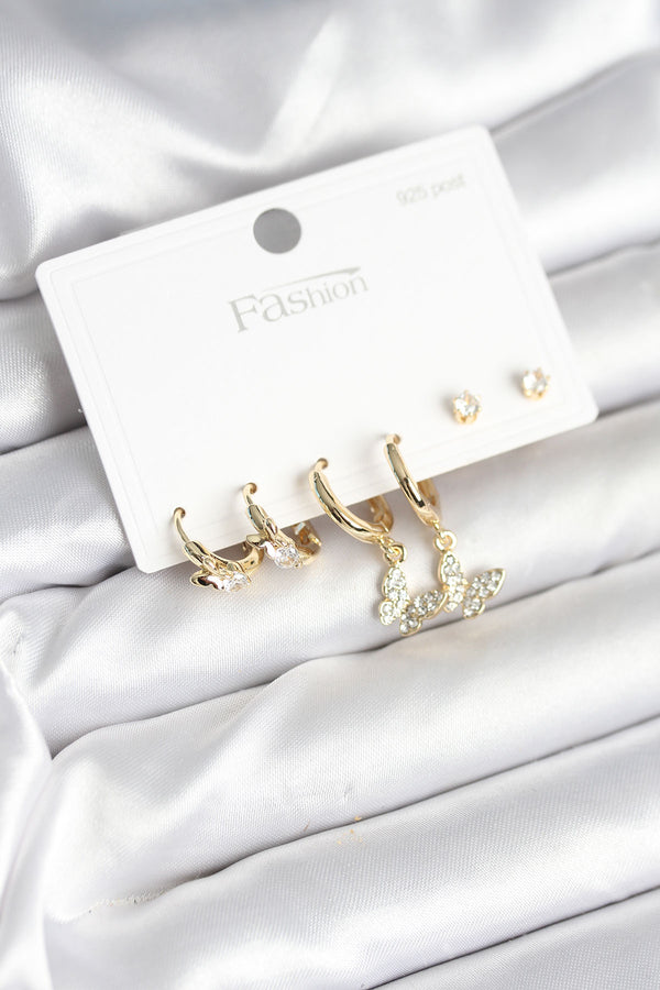 BKP11273 - Gold Renk Pirinç Kelebek Model 925 Ayar Gümüş Çivili Kadın Küpe Seti