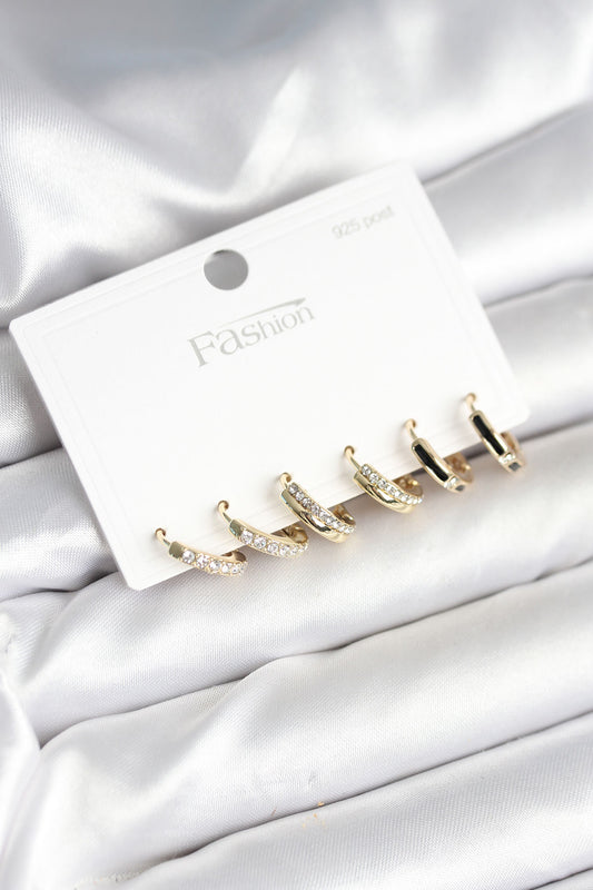 BKP11275 - Pirinç Gold Renk 925 Ayar Gümüş Çivi Kadın Küpe Seti