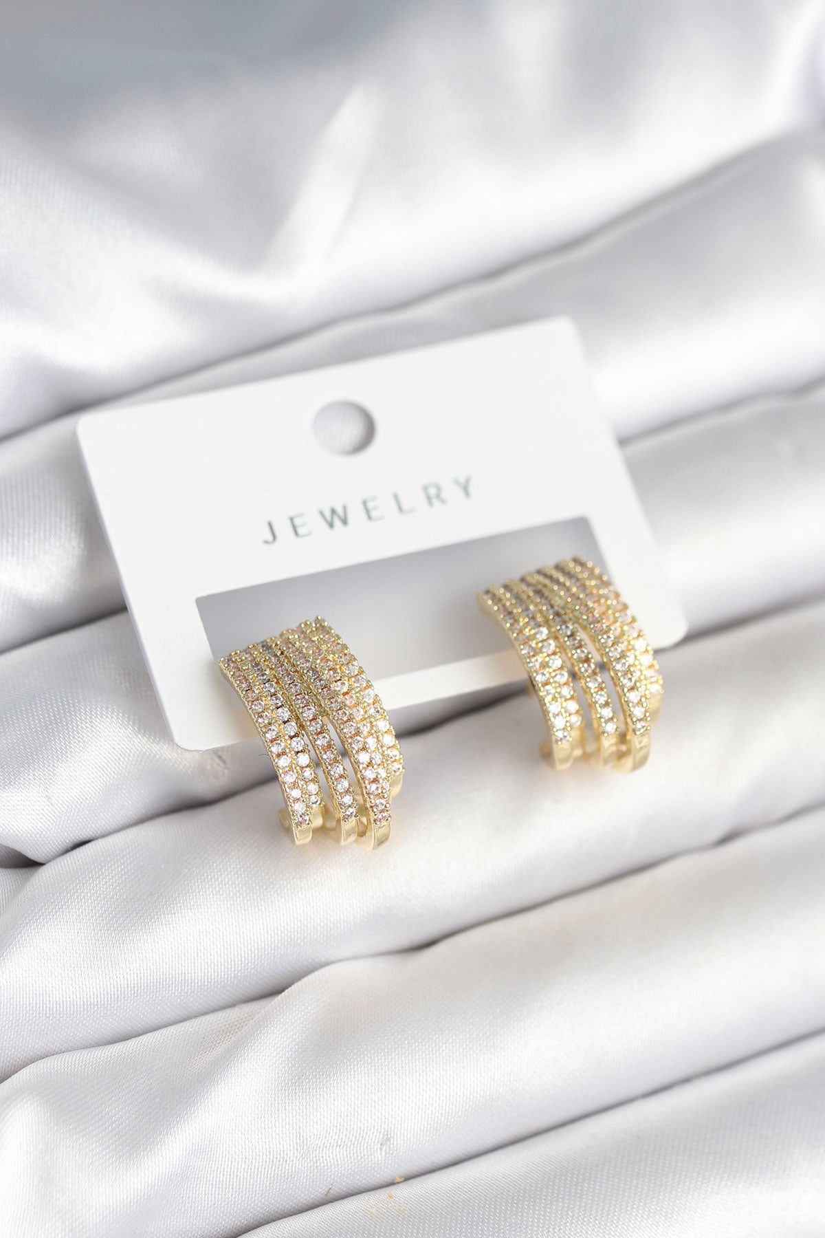 Zirkon Taşlı Şerit Model Gold Renk Pirinç Kadın Küpe - BKP11282