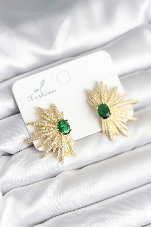 BKP11286 - Yeşil Taş Detaylı Zirkon Taşlı Gold Renk Pirinç Kadın Küpe