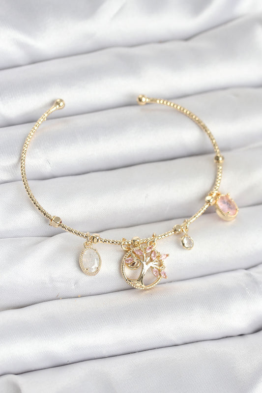 BB8037 - Hayat Ağacı Charmlı Gold Renk Pirinç Kadın Bileklik