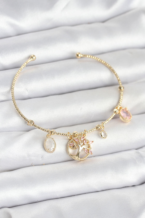 BB8037 - Hayat Ağacı Charmlı Gold Renk Pirinç Kadın Bileklik