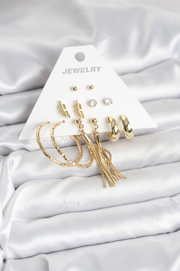 BKP11317 - Gold Renk Pirinç Kadın 6 Çift Küpe Seti