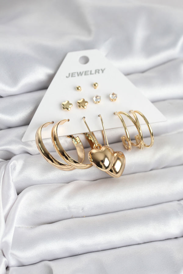 BKP11319 - 6 Çift Kadın Küpe Seti Gold Renk