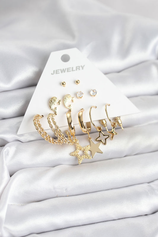 BKP11320 - Gold Renk Yıldızlı Set 6 Çift Kadın Küpe Seti