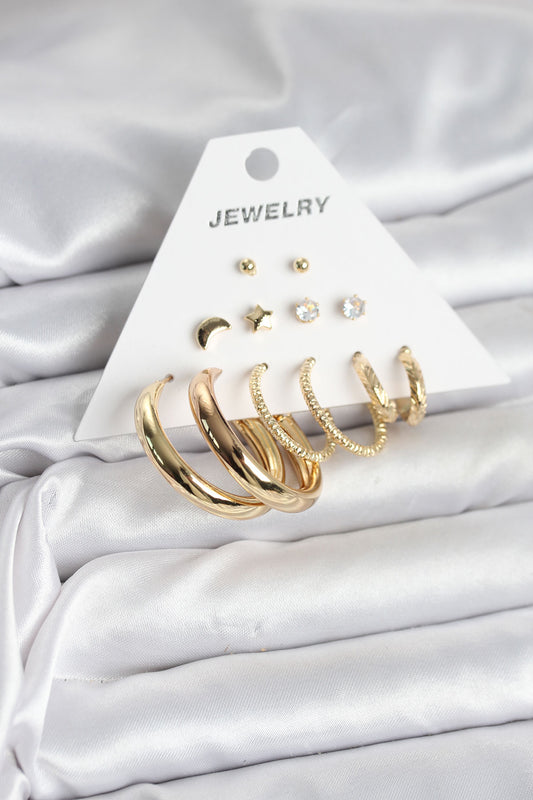 BKP11323 - Gold Renk 6 Çiftli Pirinç Kadın Küpe Seti