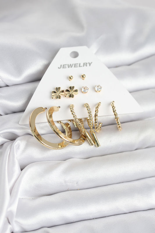 BKP11325 - Pirinç Gold Renk 6 Çift Kadın Küpe Seti