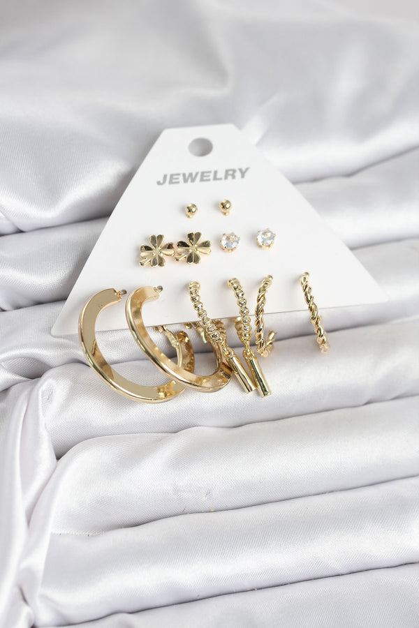 BKP11325 - Pirinç Gold Renk 6 Çift Kadın Küpe Seti