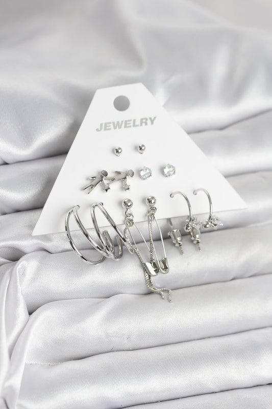 BKP11329 - Pirinç Gümüş Renk 6'lı Kadın Küpe Seti