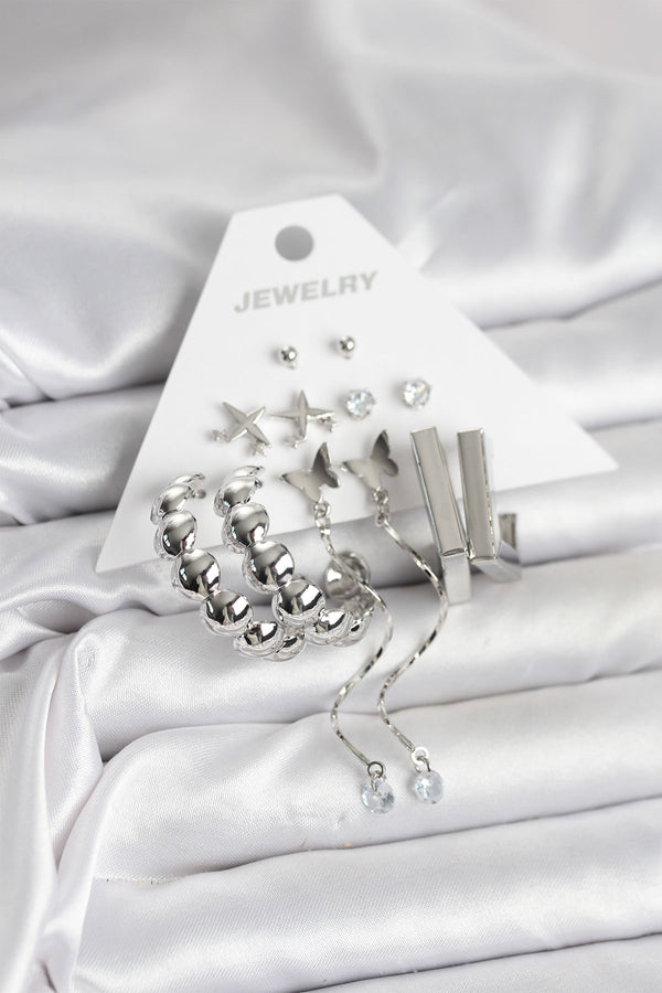 BKP11330 - Gümüş Renk Pirinç 6'lı Kadın Küpe Seti