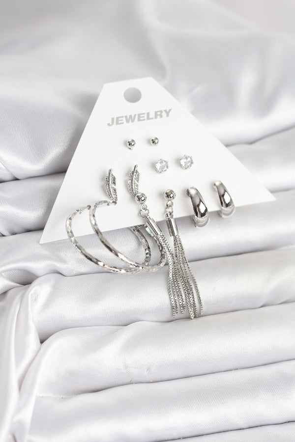 BKP11331 - Gümüş Renk Pirinç 6 Çiftli Kadın Küpe Seti