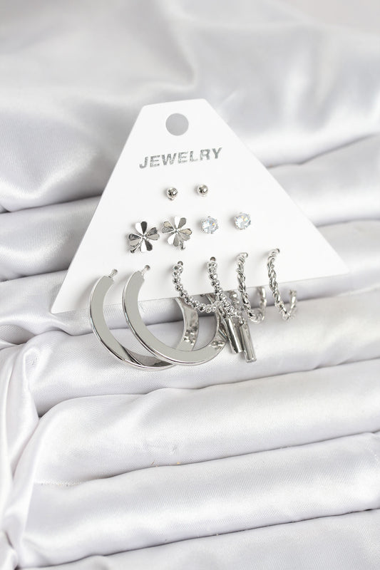 BKP11332 - Pirinç Gümüş Renk 6 Çift Kadın Küpe Seti