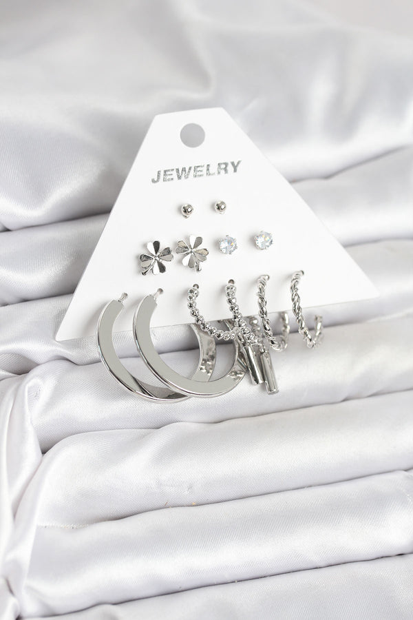 BKP11332 - Pirinç Gümüş Renk 6 Çift Kadın Küpe Seti