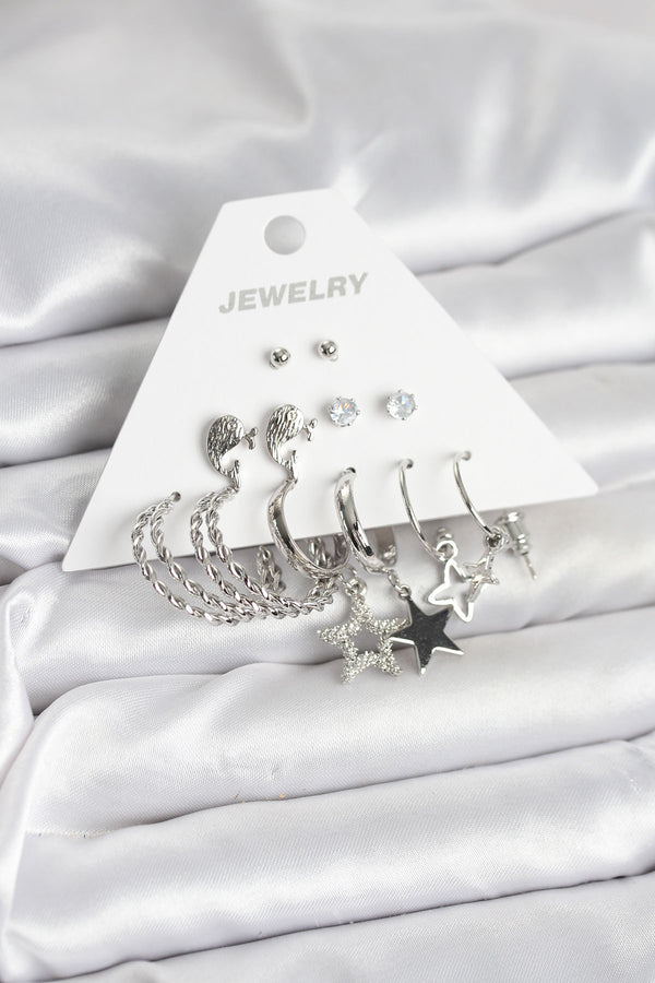 BKP11333 - Pirinç Gümüş Renk 6'lı Kadın Küpe Seti