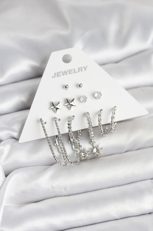 BKP11334 - Pirinç Gümüş Renk Küpe Seti 6'lı