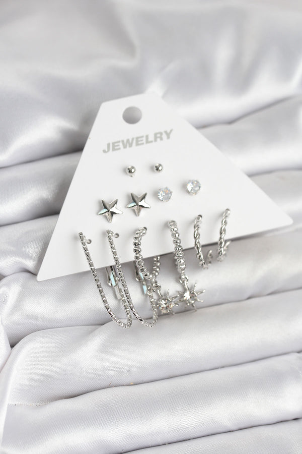 BKP11334 - Pirinç Gümüş Renk Küpe Seti 6'lı