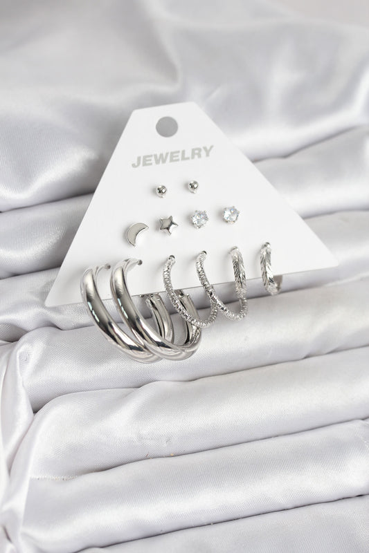 BKP11335 - Pirinç Gümüş Renk Halka Modelli 6 Çift Kadın Küpe