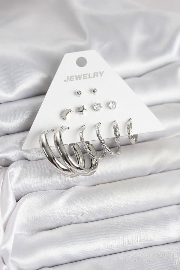 BKP11335 - Pirinç Gümüş Renk Halka Modelli 6 Çift Kadın Küpe